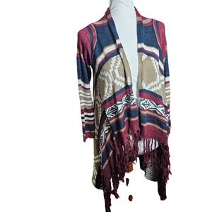 No Boundaries Womens Long Cardigan Sweater Burgundy Tribal Geometric Fringe L